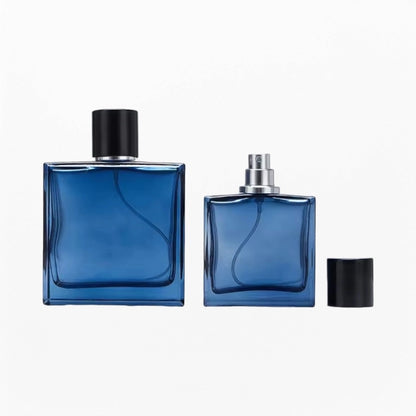 two blue square perfume bottles with different volumes