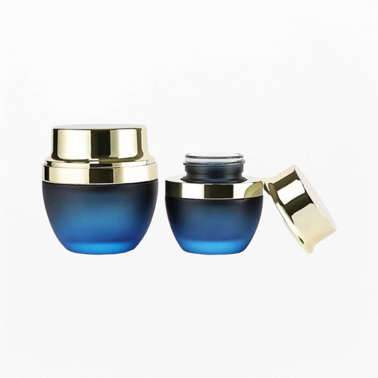 Two Cosmetic Jar Glass Matte Blue with Gold Lid
