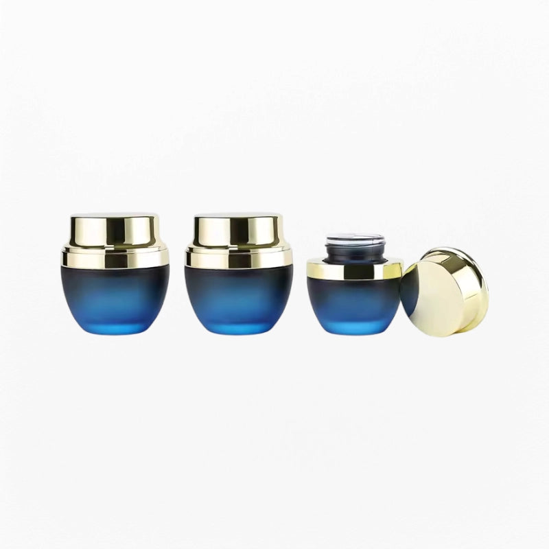 Three Cosmetic Jars Glass Matte Blue with Gold Lid