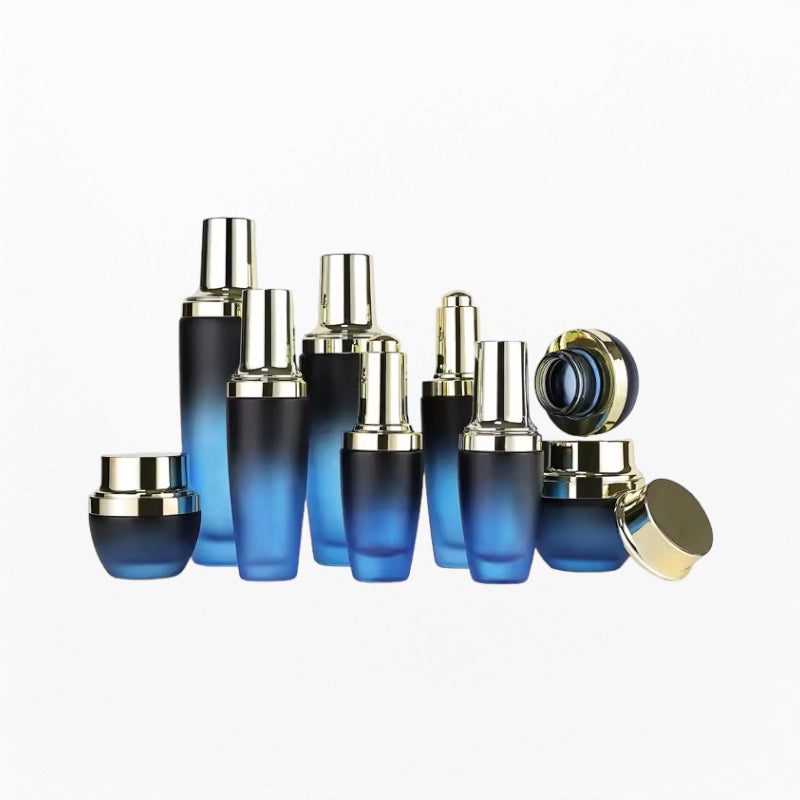 Cosmetic Packing Set Glass Matte Blue with Gold Lid