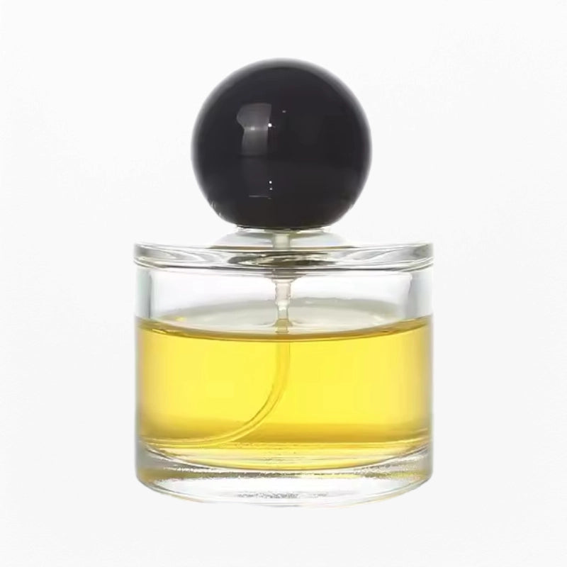 Cylinder Perfume Bottle Clear Glass with Black Spherical Cap