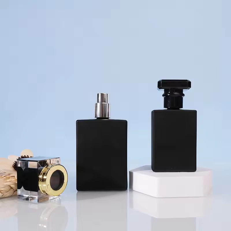 Perfume Bottle Black Color Square Shape Silver Sprayer