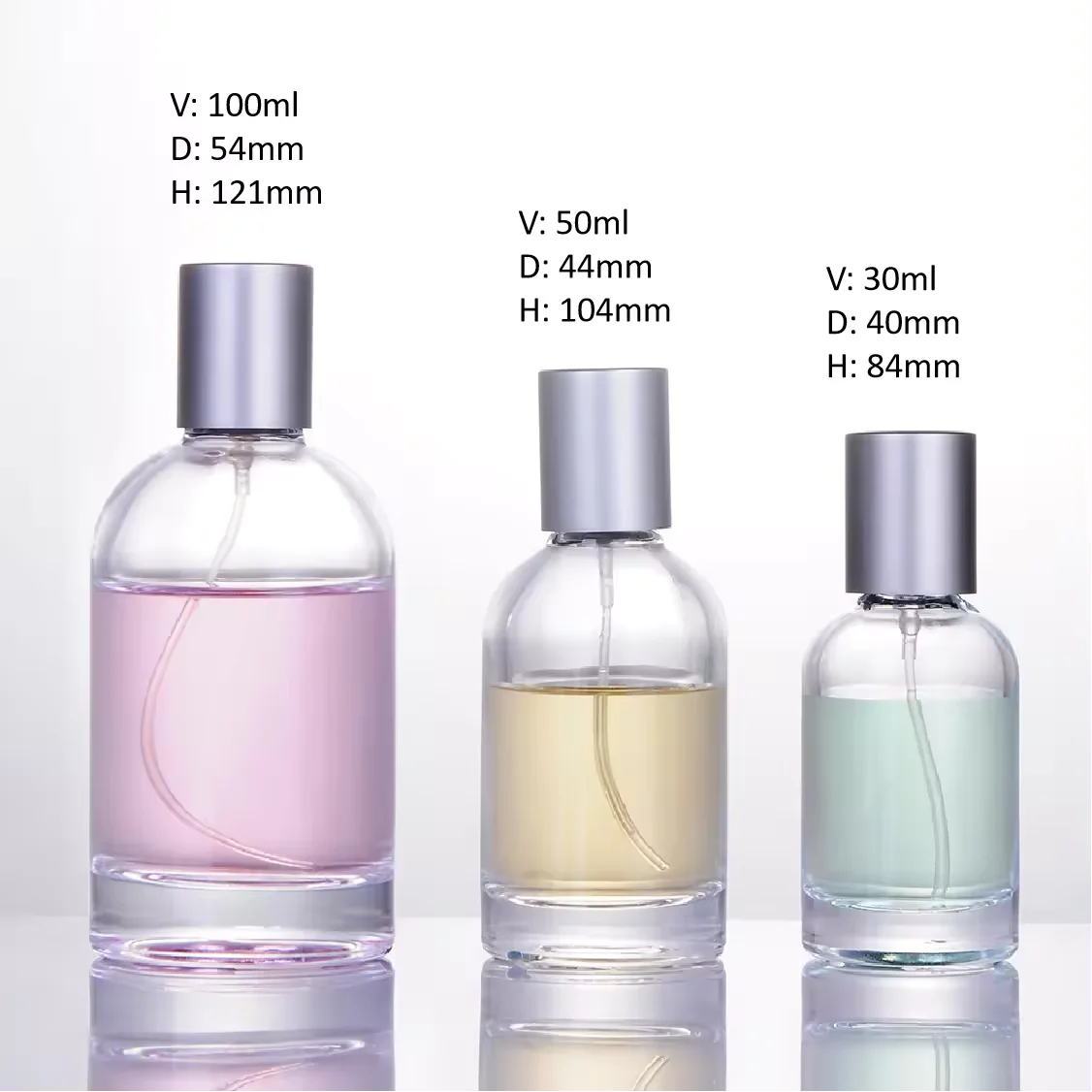 Dimensions and capacity information for 3 sizes of cylindrical perfume bottles