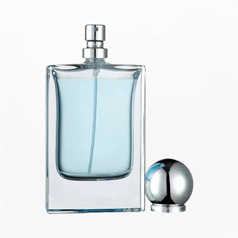 Frasco de perfume em spray, plano e fino, design quadrado, vidro transparente