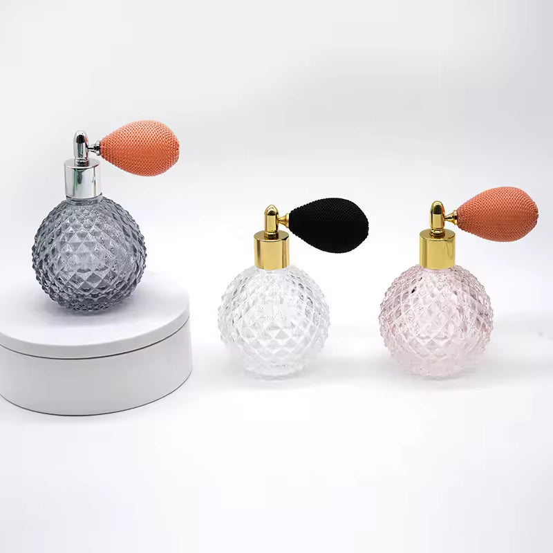 Three different colors Perfume Bottles with Squeeze Ball Vintage Engraved Style