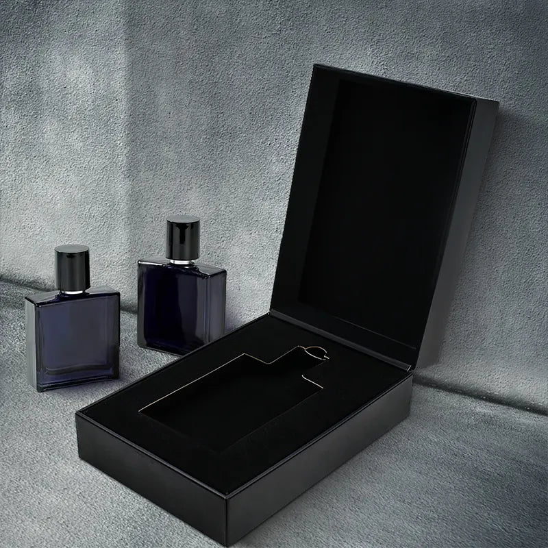 Perfume box wholesale black color with custom silver printing