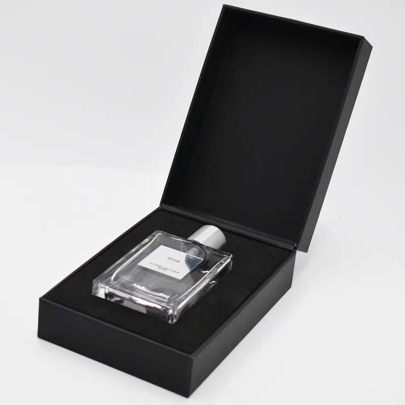 Perfume box wholesale black color with custom silver printing