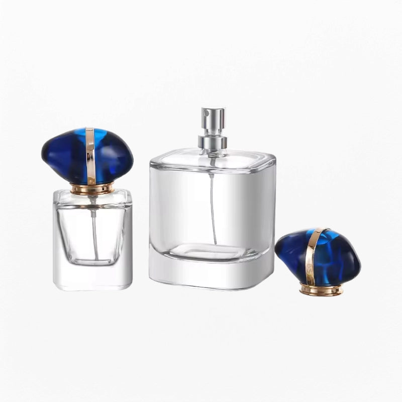 square perfume bottle with specially shaped blue cap